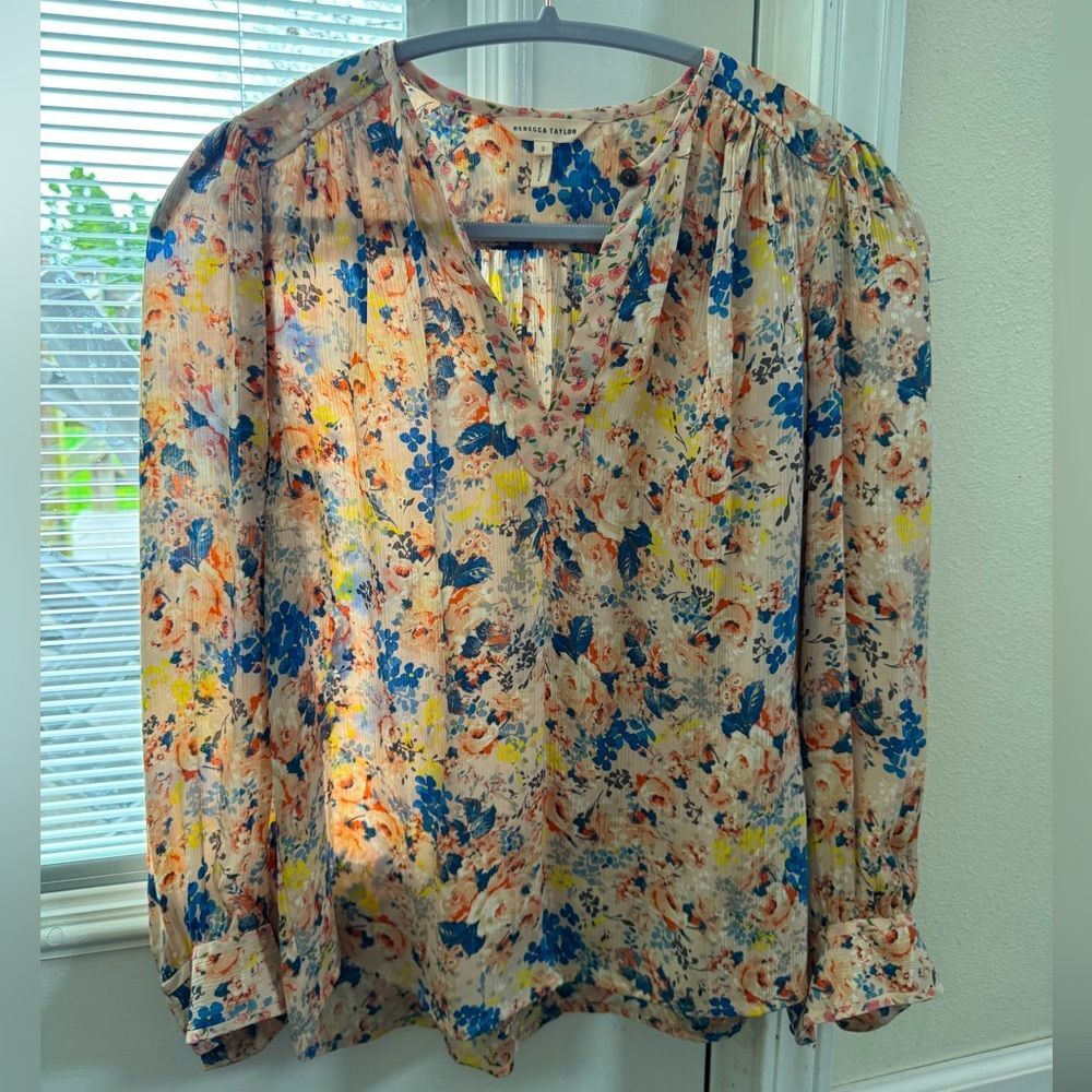 Rebecca Taylor Silk Long Sleeve V-Neck Blouse Top Pink Blue Rose Yellow Floral 2
